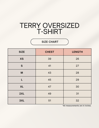 TrueSide Terry Oversized Tee – Size Chart (XS to 3XL)